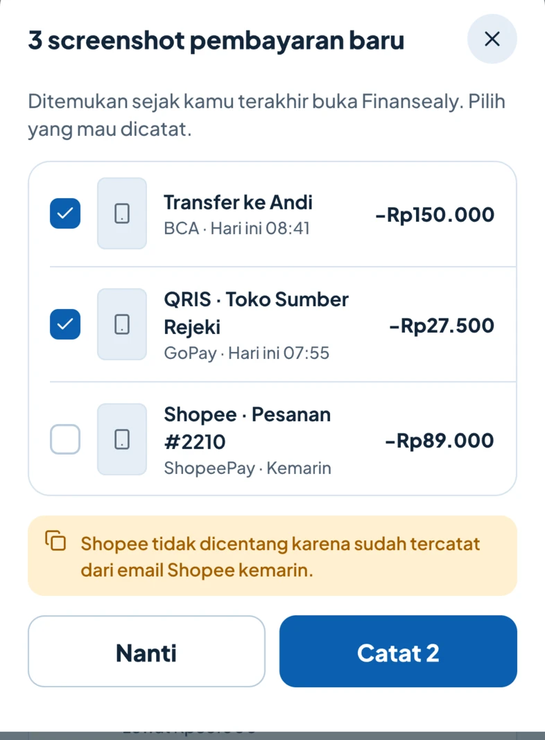 Tiga screenshot pembayaran baru ditemukan. Shopee tidak dicentang karena sudah tercatat dari email.